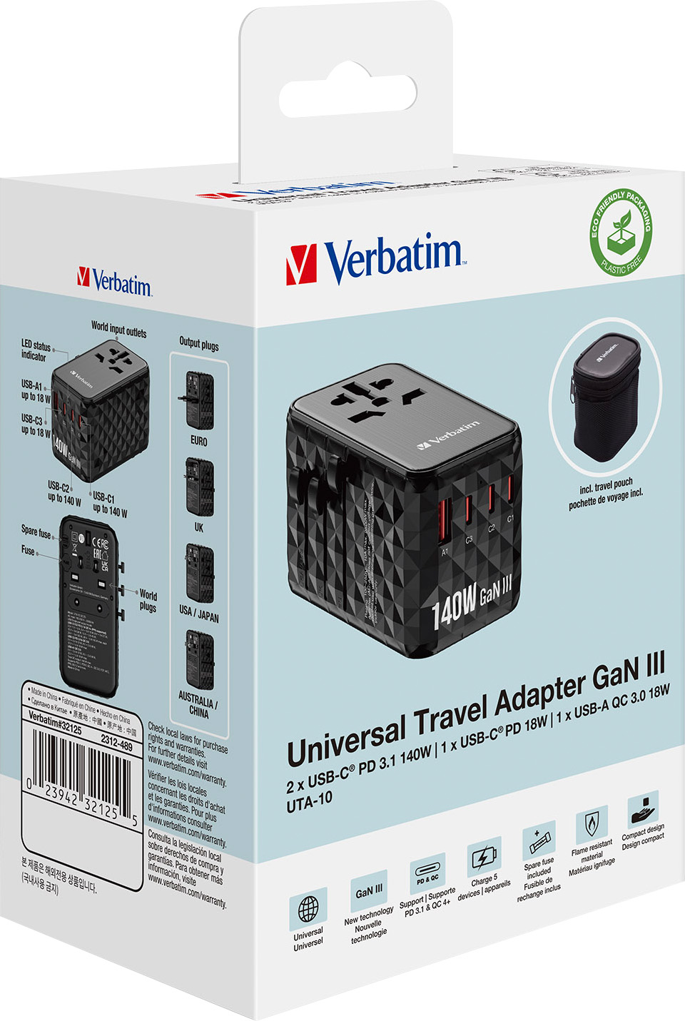 Verbatim Ladeadapter, Universal Travel, UTA-06, GaN III, 140W, schwarz 1x USB-A QC, 3x USB-C PD, 100-250V, Retail