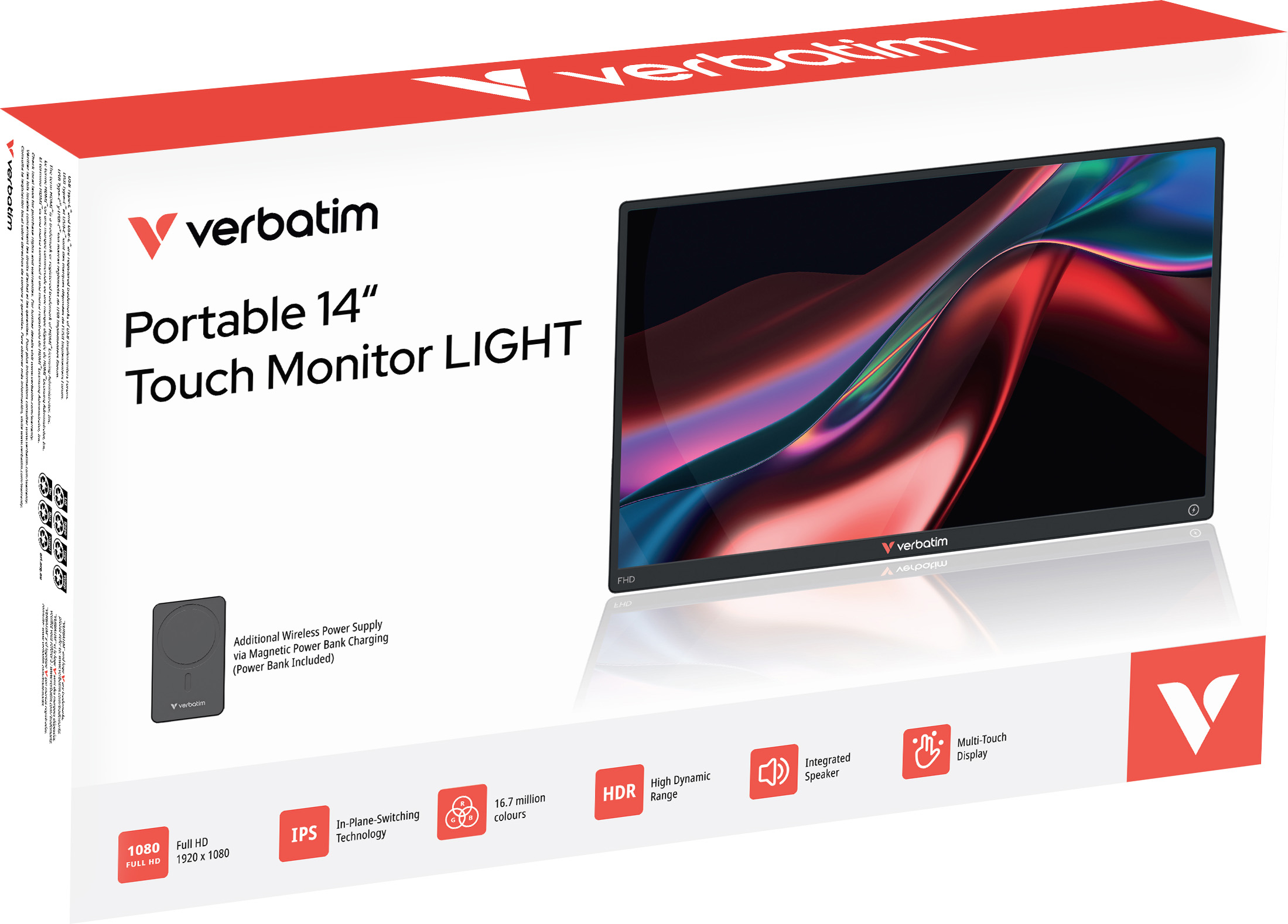 Verbatim Portable Monitor + Powerbank, 14'', LCD, FullHD USB C, HDMI, IPS, 16:9, Touch, LIGHT, Retail