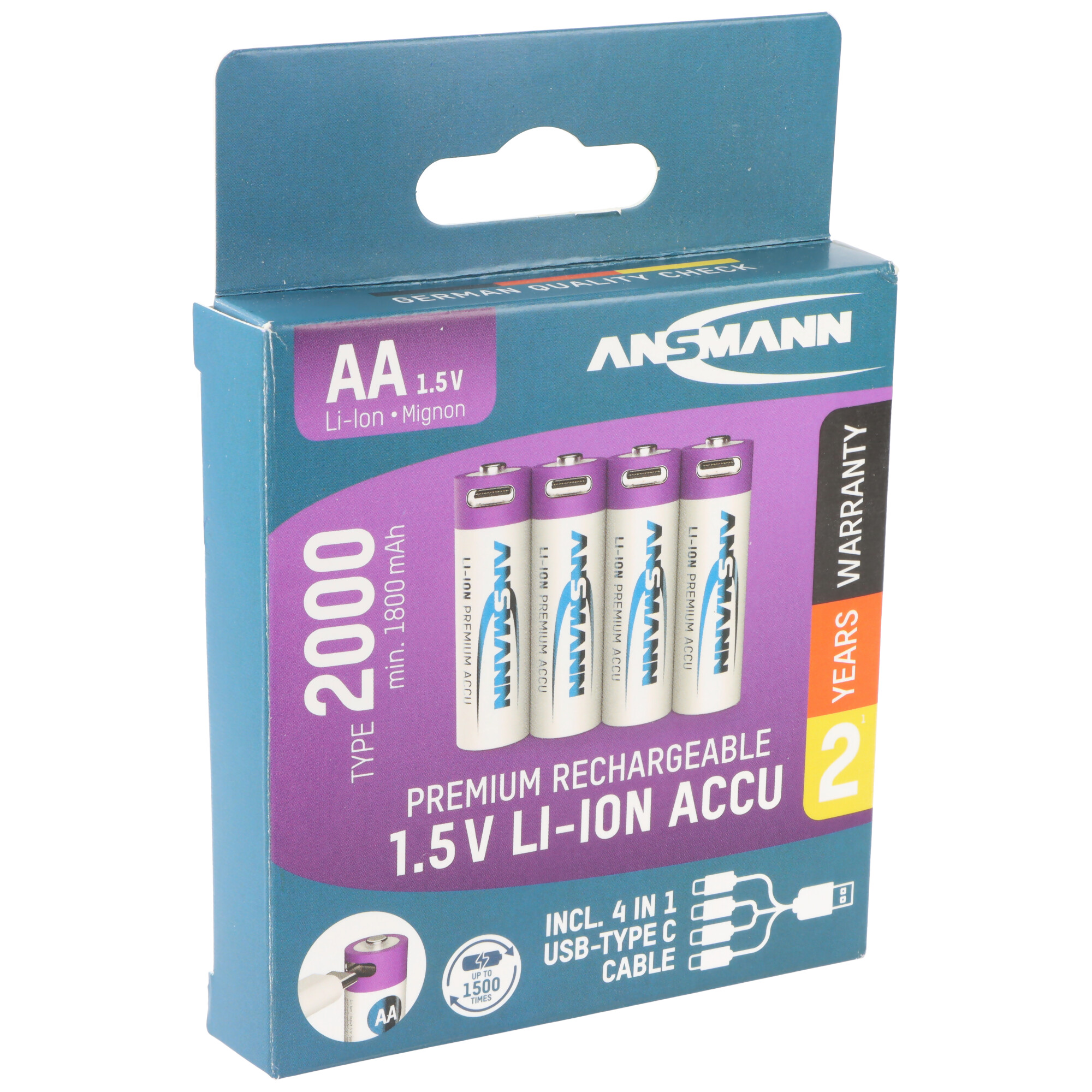 Ansmann Mignon AA 1,5V Lithium-Ionen Akkus, min. 1800mAh typ. 2000mAh, inkl. 4in1 USB-C Ladekabel, 4er Papierblister