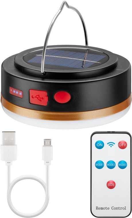 Goobay LED-Solar-Campinglampe mit IR-Fernbedienung - mit 6 Leuchtmodi, Solarpanel, Li-Ion-Akku 18650 (3,7 V, 2000 mAh), Powerbank-Funktion und USB-Kabel, für den Außeneinsatz geeignet (IP44)