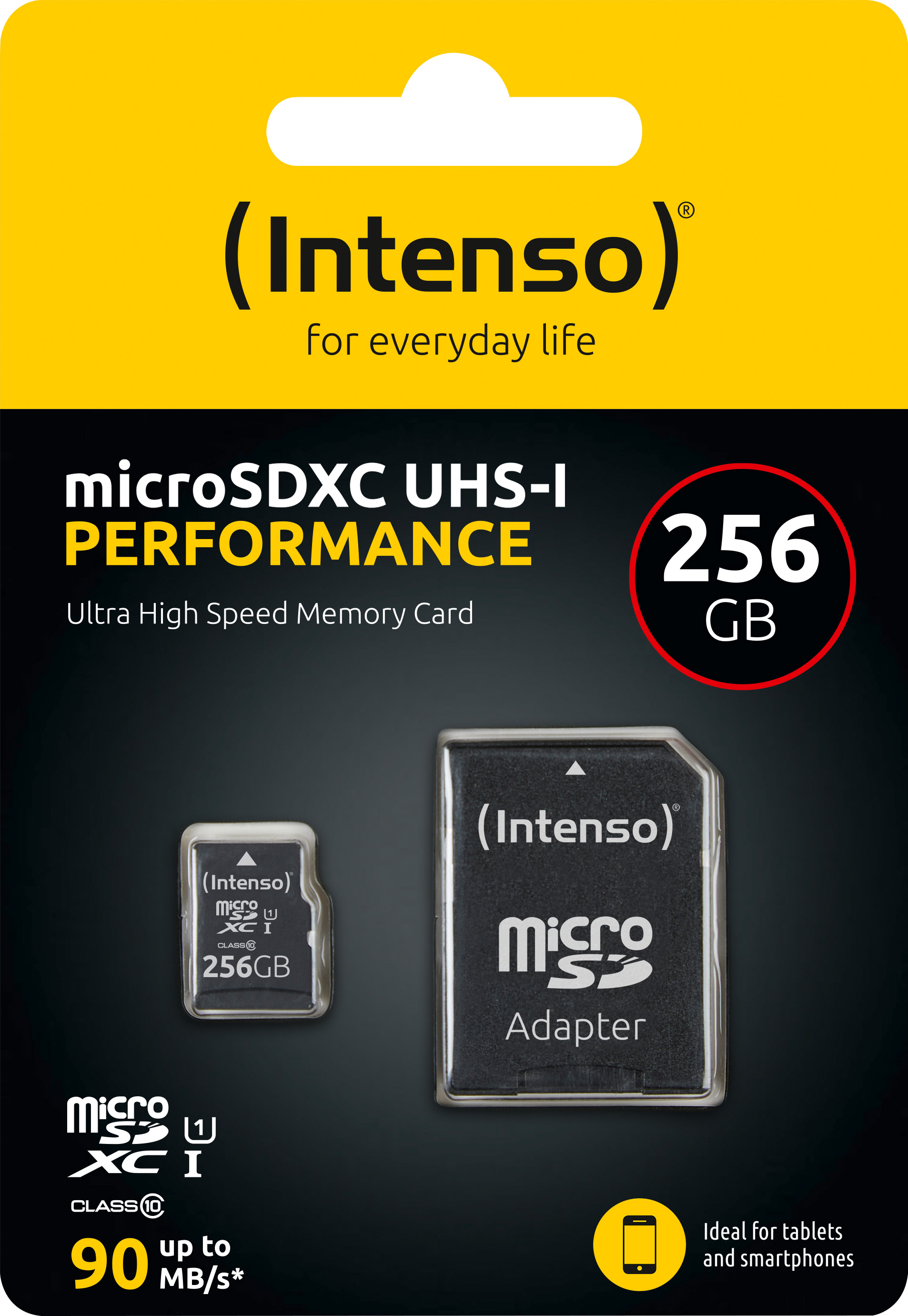 Intenso microSDXC Card 256GB, Performance, Class 10, U1 (R) 90MB/s, (W) 10MB/s, SD-Adapter, Retail-Blister