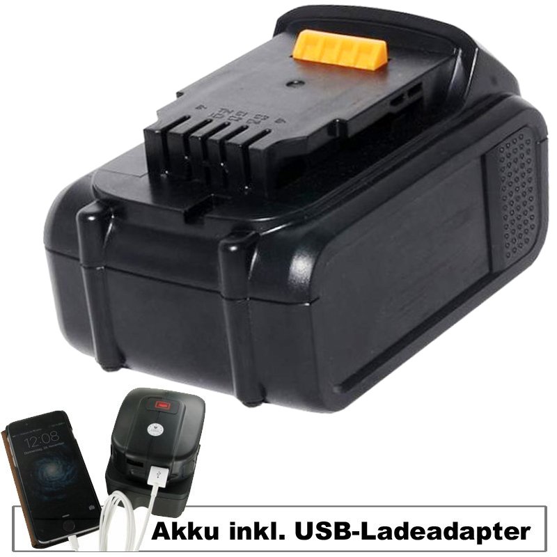 Akku und USB-Ladeadapter passend für Dewalt DCB180, DCB182, DCB183 Li-Ion Akku, 18Volt 3Ah