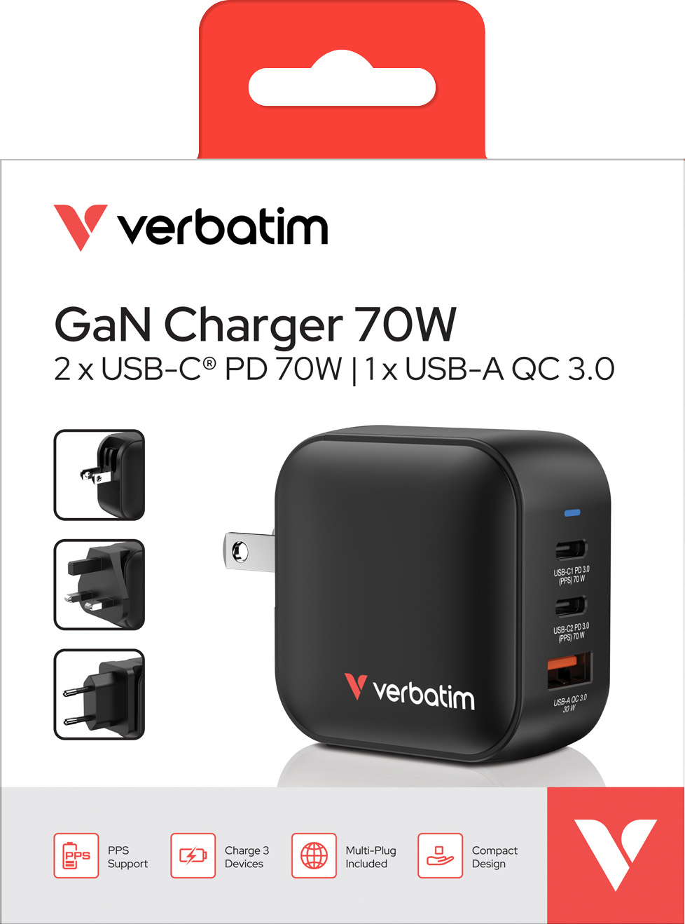 Verbatim Ladeadapter, Mini GaN, 70W, schwarz 1x USB-A QC, 2x USB-C PD, Retail