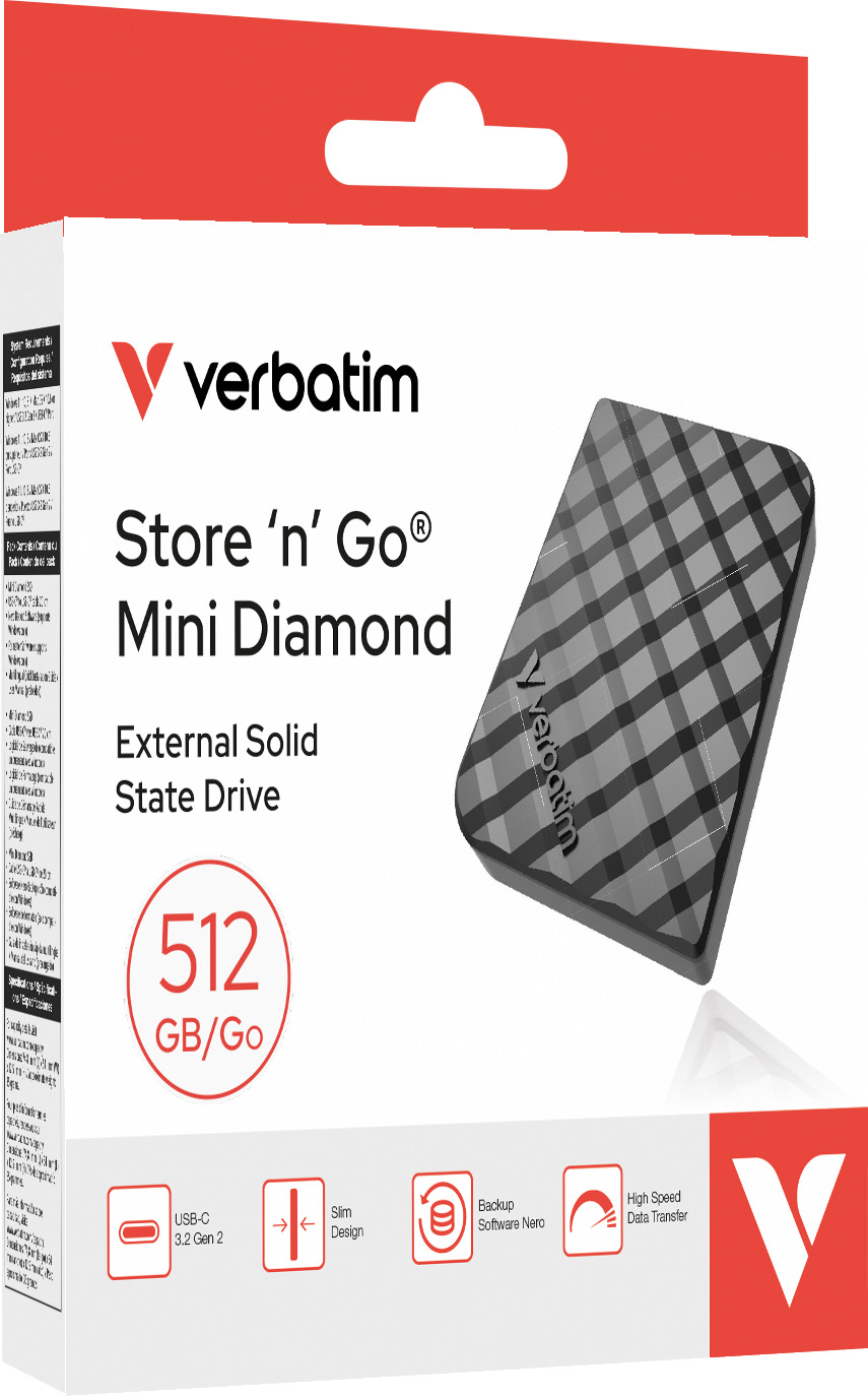 Verbatim SSD 512GB, USB 3.2, Typ A-C, Mini Diamond, schwarz (R) 1000MB/s, (W) 1000MB/s, Retail-Blister