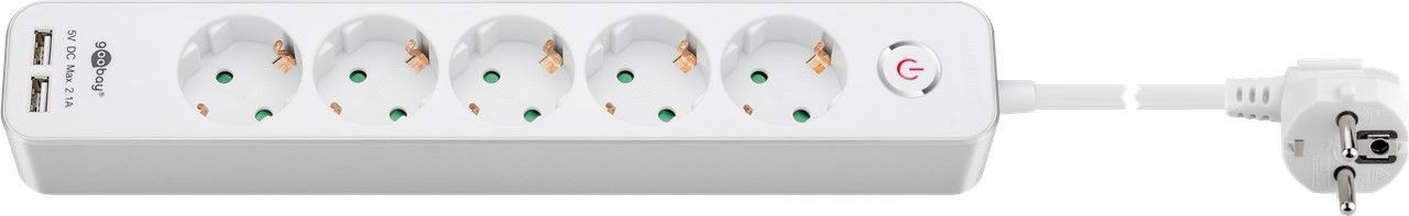 5-fach Steckdosenleiste mit Schalter und 2 USB-Ladeports 2,1A, mit Kindersicherung