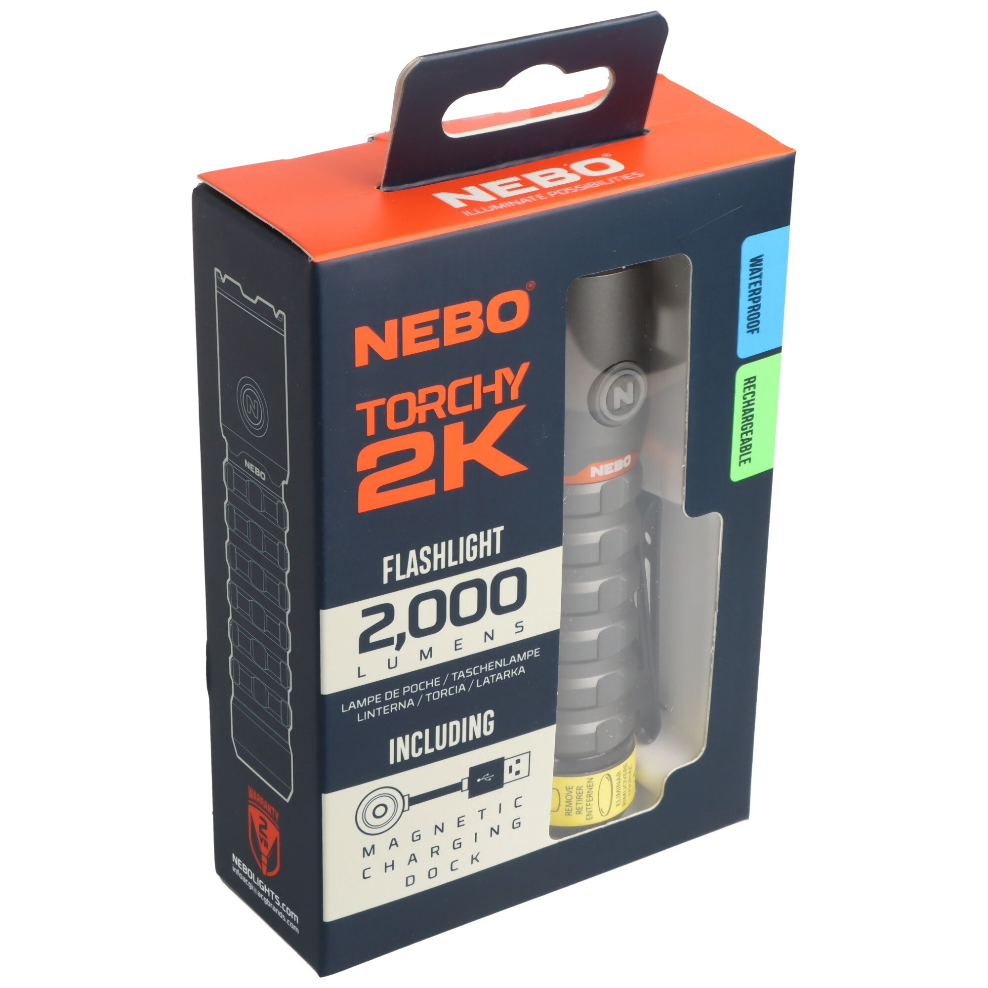 NEBO LED Taschenlampe TORCHY 2K mit bis zu 2000lm und 200m Leuchtweite integrierter 18650 Akku Li-ion 3,7V 2200mAh