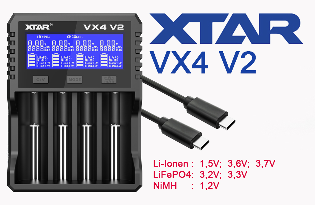 XTAR VX4 V2 Schnell-Ladegerät für 1,5V Li-Ion, 3,6-3,7V Li-Ion, 3,2V LiFePO4, 1,2V NiMH Akkus, 4 Ladeschächte, mit Kapazitätstester