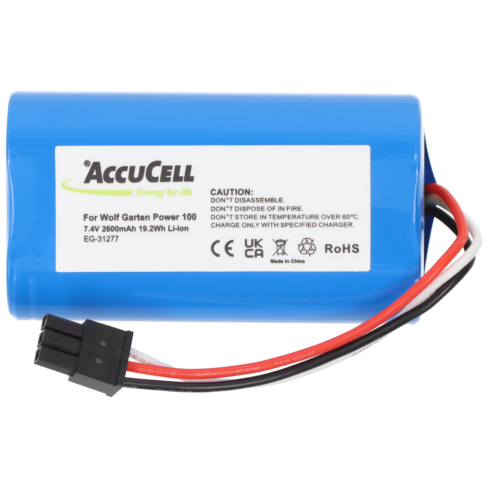 7,4 Volt Akku passend für Wolf Garten Power 100, Li-ion, 7,4V, 2600mAh, 19,2Wh