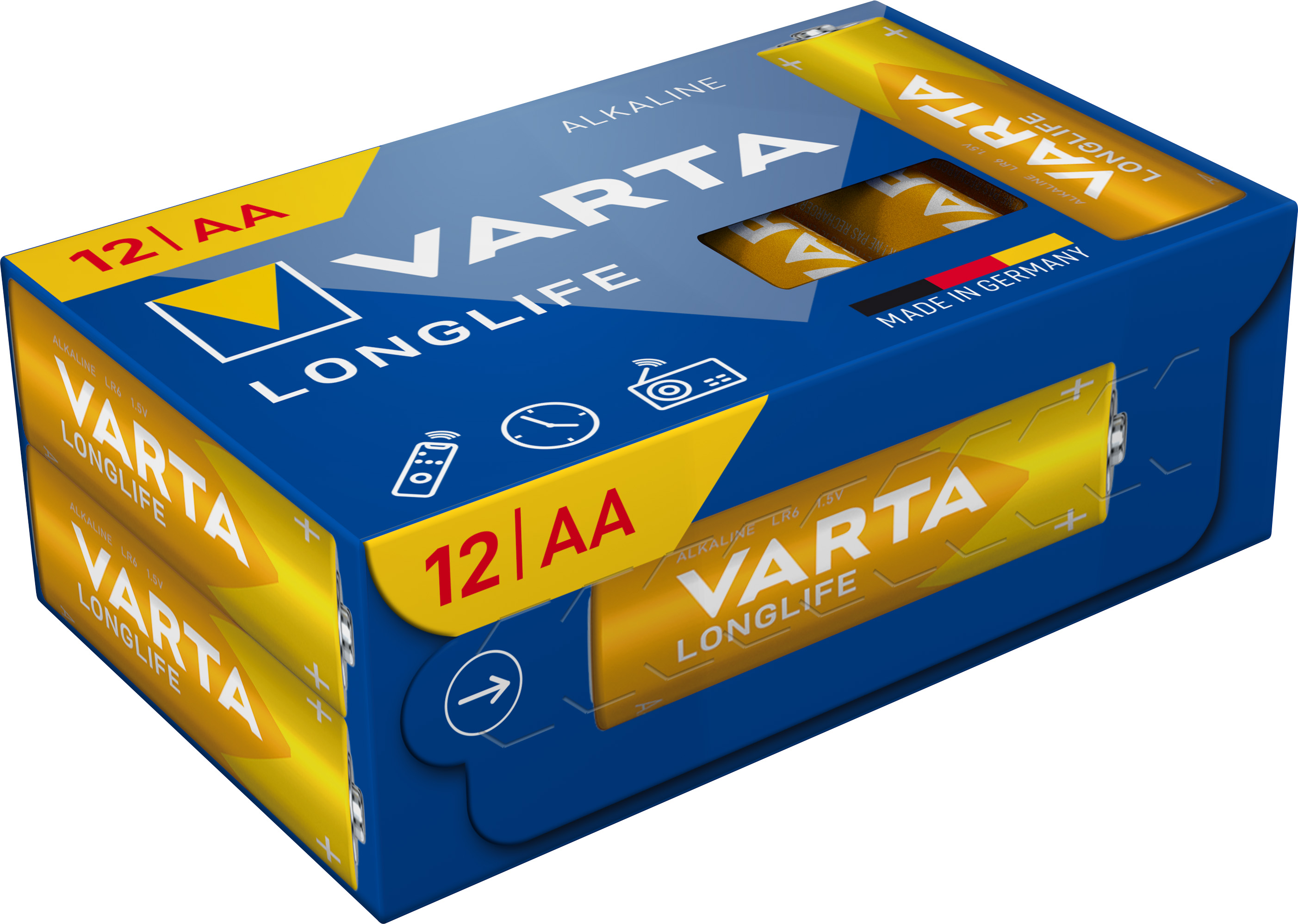 Varta Batterie Alkaline, Mignon, AA, LR06, 1.5V Longlife, Cube, Retail Box (12-Pack)