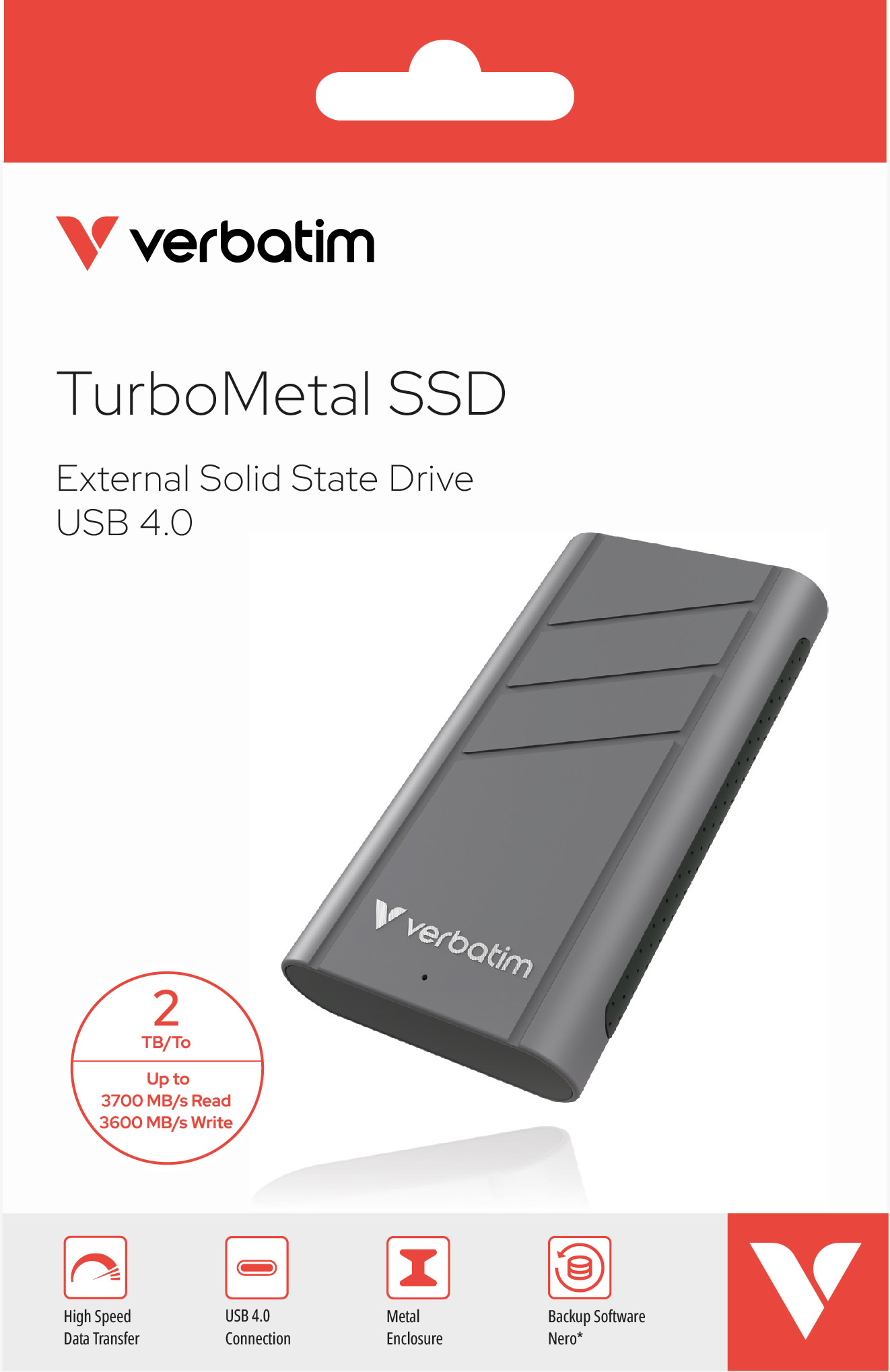 Verbatim SSD 2TB, USB 4.0, Typ-C, TurboMetal, Metall (R) 3700MB/s, (W) 3600MB/s, Retail-Blister