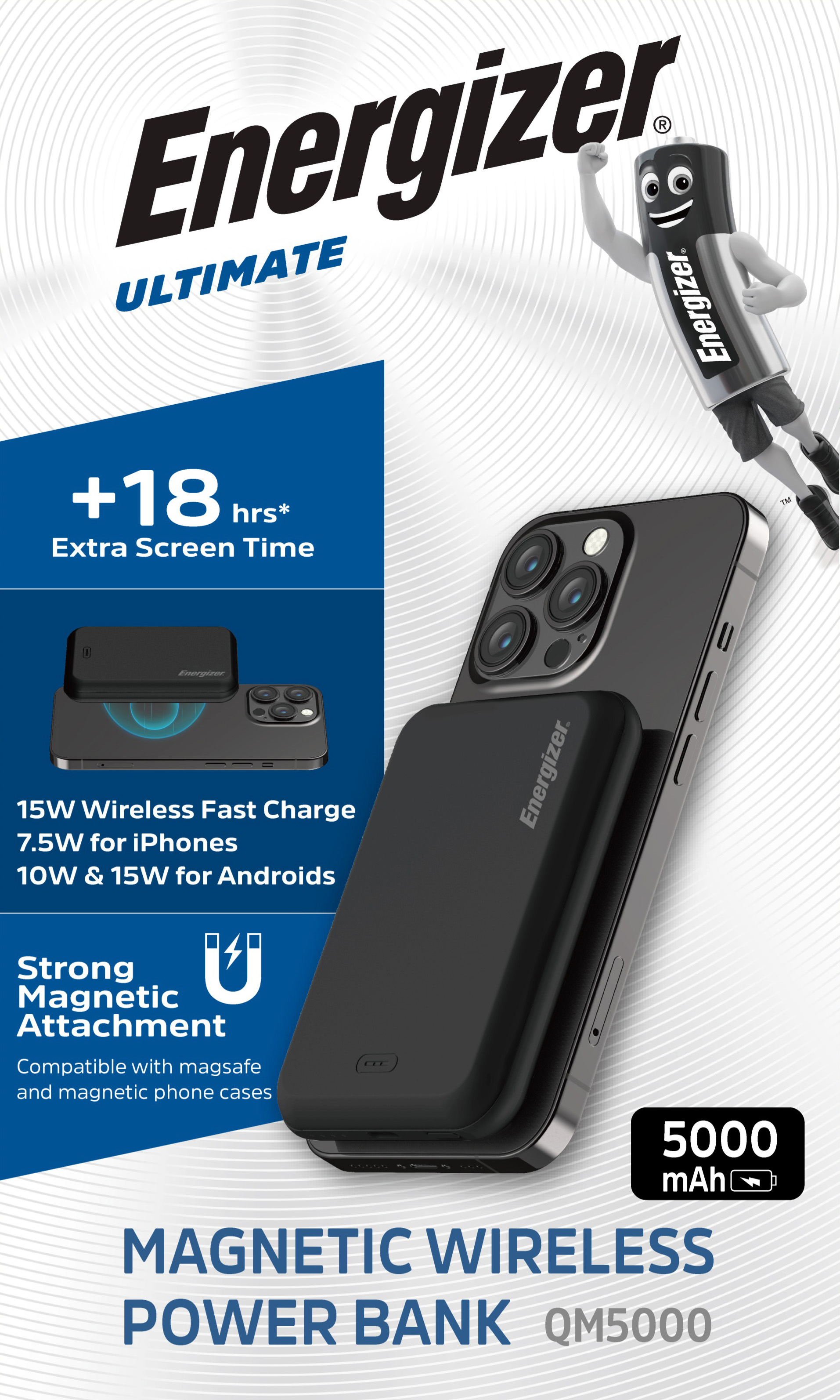 Energizer Akku Powerbank, 5.000mAh, QM5000, schwarz Ultimate, Magnetic, Wireless, 1x USB-C PD, Retail