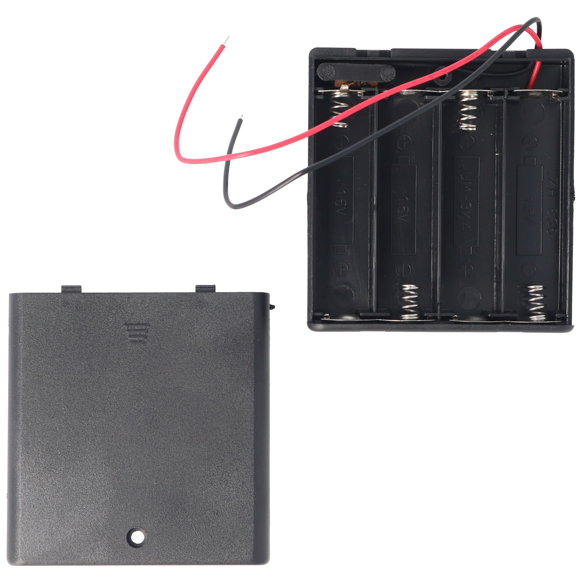 Batteriehalter für 4 Stück Mignon AA HR-3, LR6 Batterien oder Akkus mit Deckel und Kabel – Batteriehalter AA Mignon, Batterie Halterung Elektronik (Kunststoff)