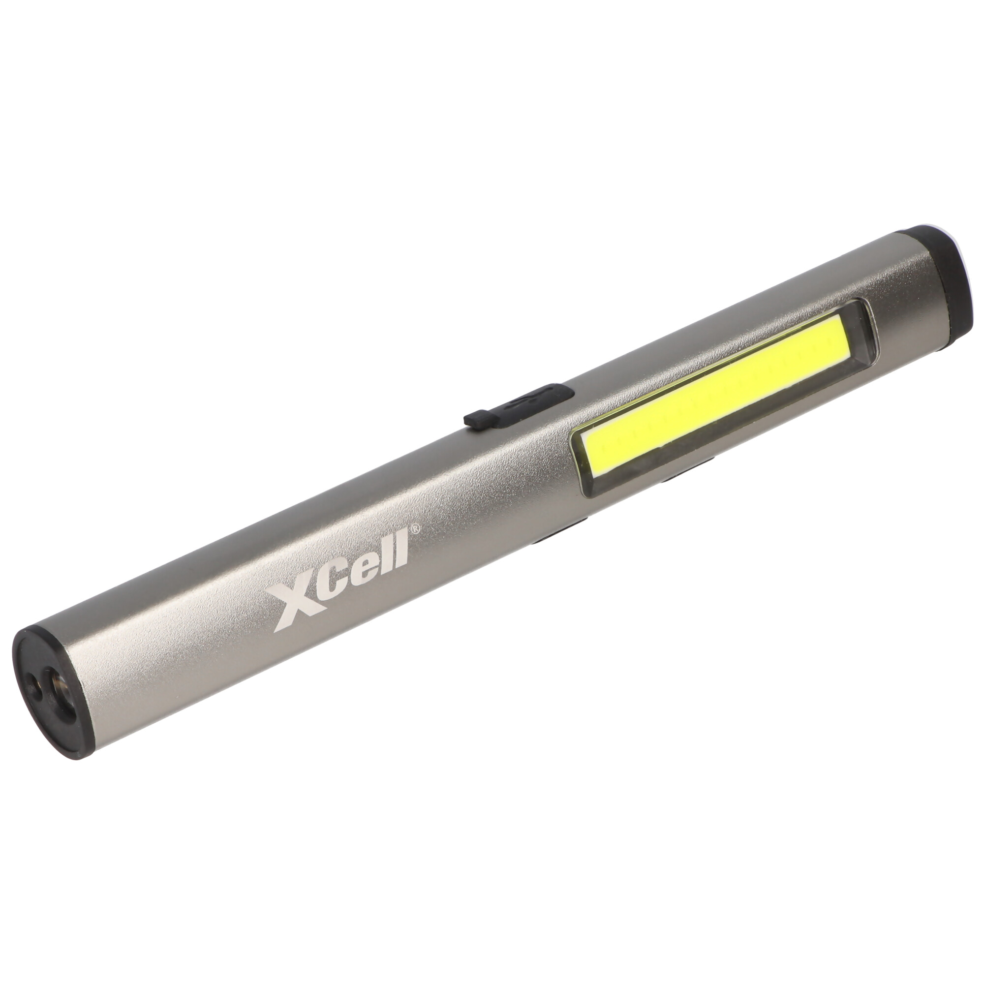 LED Taschenlampe mit zusätzlichem UV- und Laserlicht sowie seitlicher LED-Lichtleiste, magnetischer Clip, integrierter Akku sowie USB-C Ladefunktion