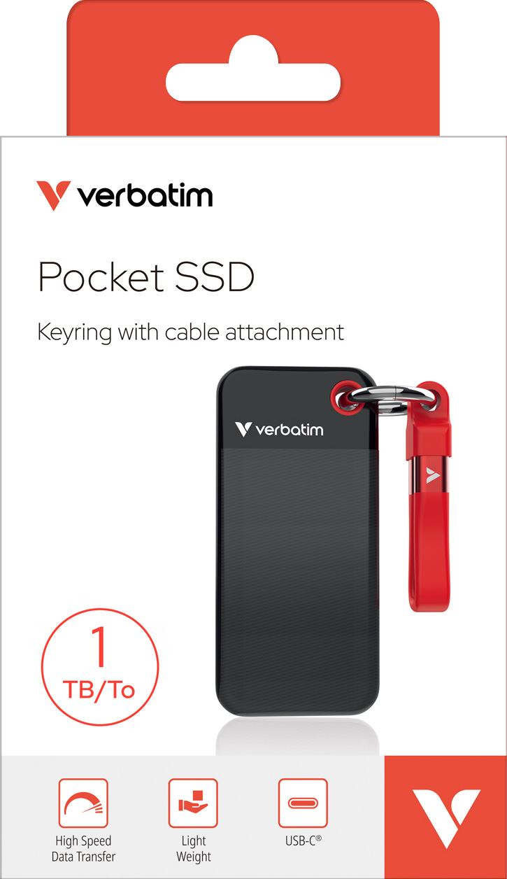 Verbatim SSD 1TB, USB 3.2, Typ-C, Pocket, schwarz-rot (R) 1000MB/s, (W) 1000MB/s, Keyring, Retail-Blister