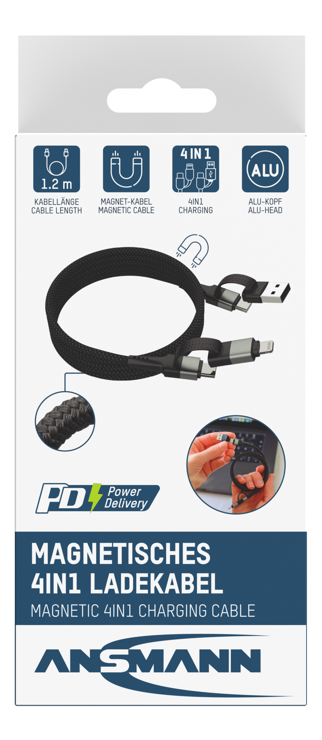 ANSMANN Magnetisches 4in1 Ladekabel – USB-A / USB-C auf USB-C oder Lightning, 120 cm
