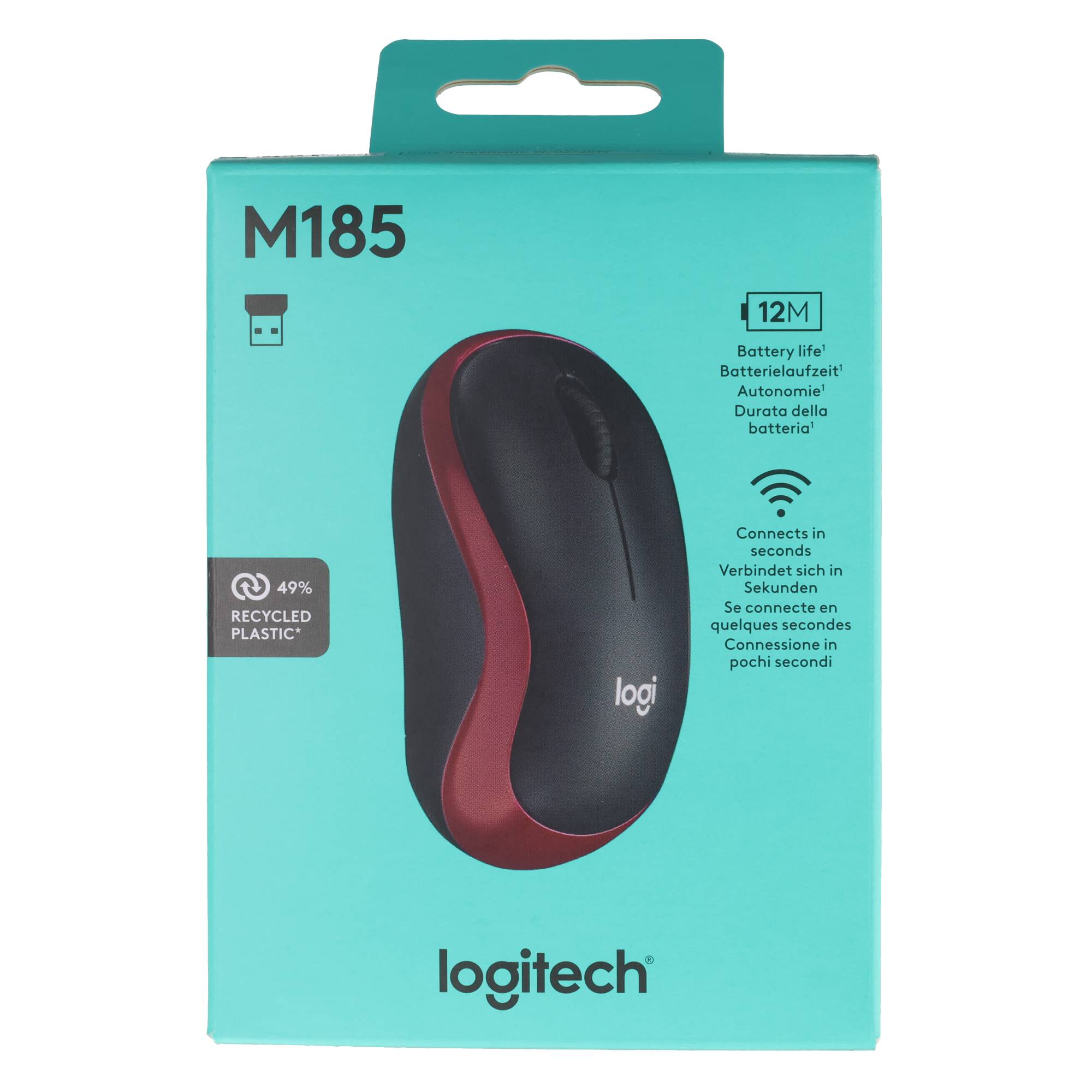 Logitech Maus M185, Wireless, rot-schwarz Optisch, 1000 dpi, 3 Tasten, Retail
