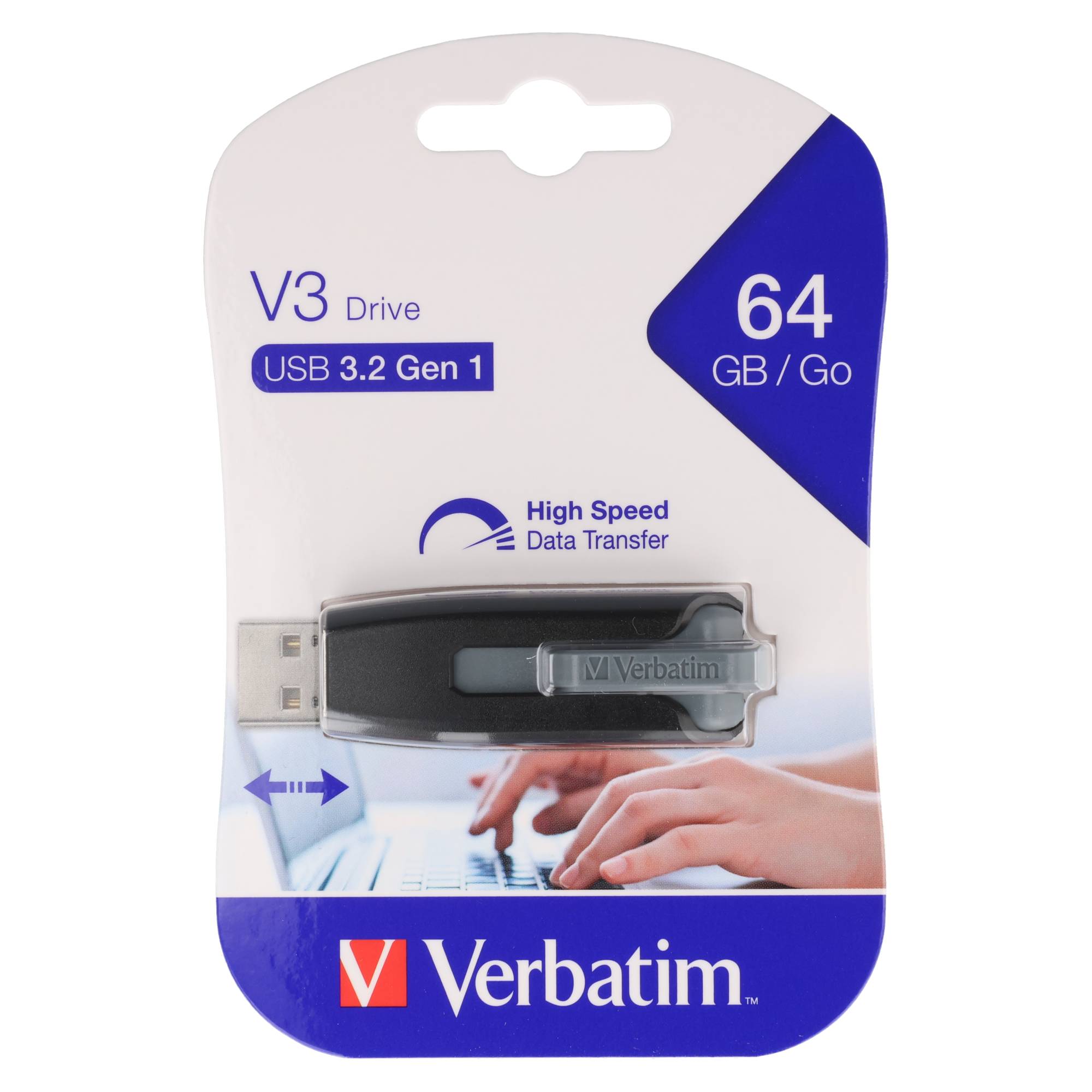 Verbatim USB 3.2 Stick 64GB, V3 Drive, grau Typ-A, (R) 80MB/s, (W) 25MB/s, Retail-Blister