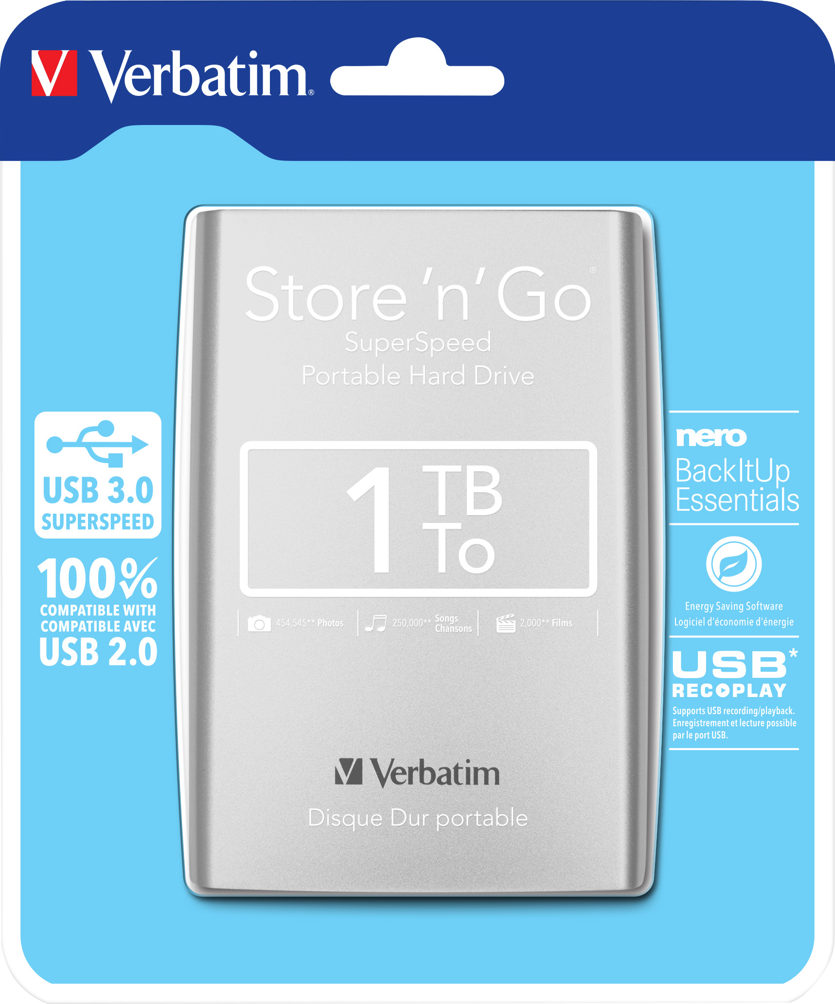 Verbatim Festplatte 1TB, USB 3.0, 6.35cm (2.5''), silber Store´n´Go, Portable, Software Nero Backup, Retail