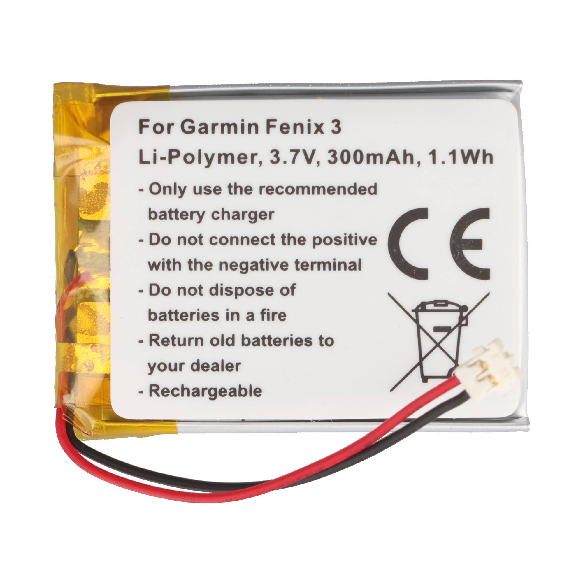 Akku passend für Garmin Fenix 3 & Fenix 3 HR – Ersatzakku passend für 361-00034-02, 3,7 Volt 300mAh, ACHTUNG: bitte Anschluss-Stecker vor Bestellung prüfen !