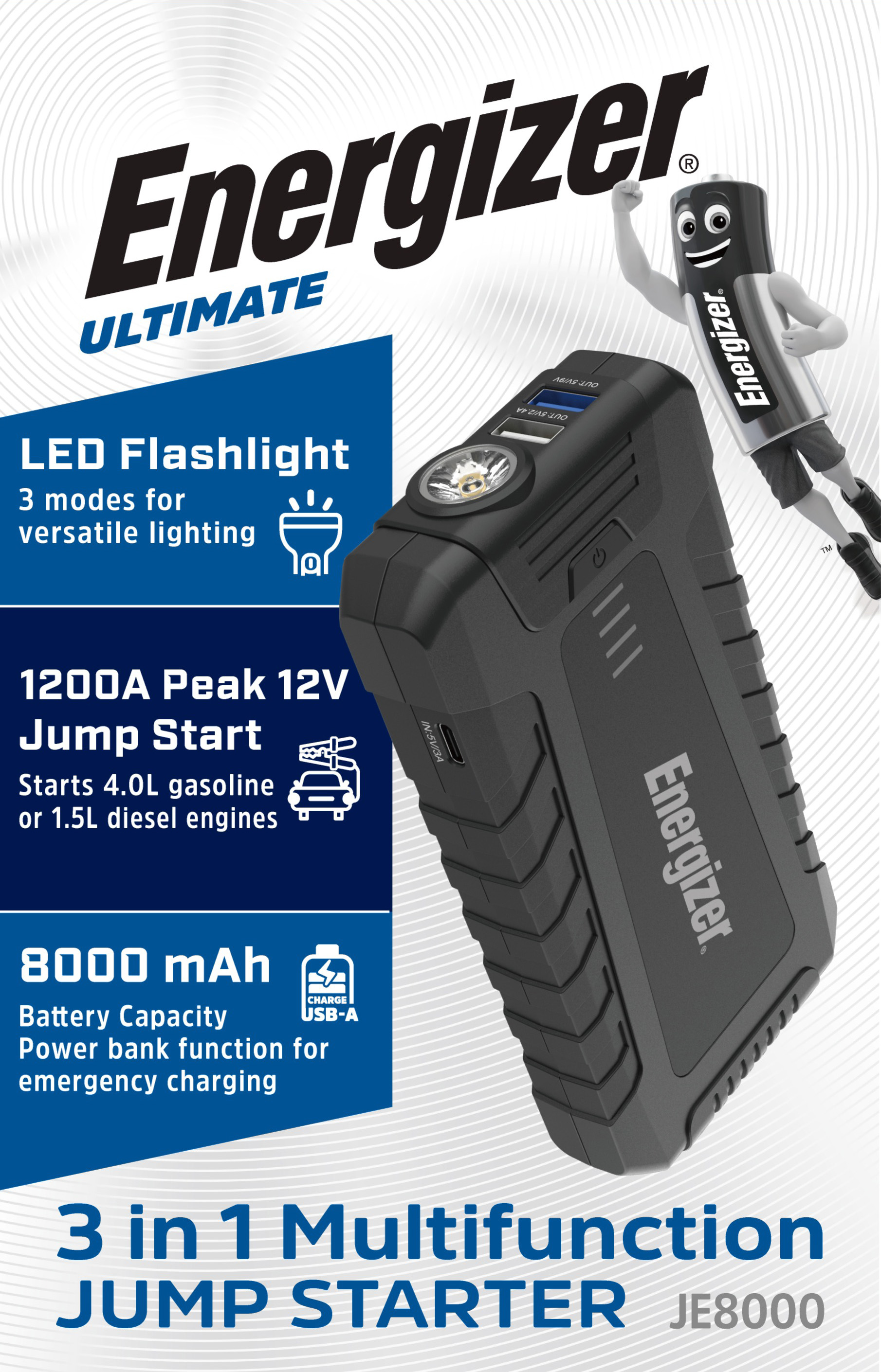 Energizer Jump Starter, JE8000, 8.000mAh Starthilfe, Powerbank, LED-Leuchte, Retail