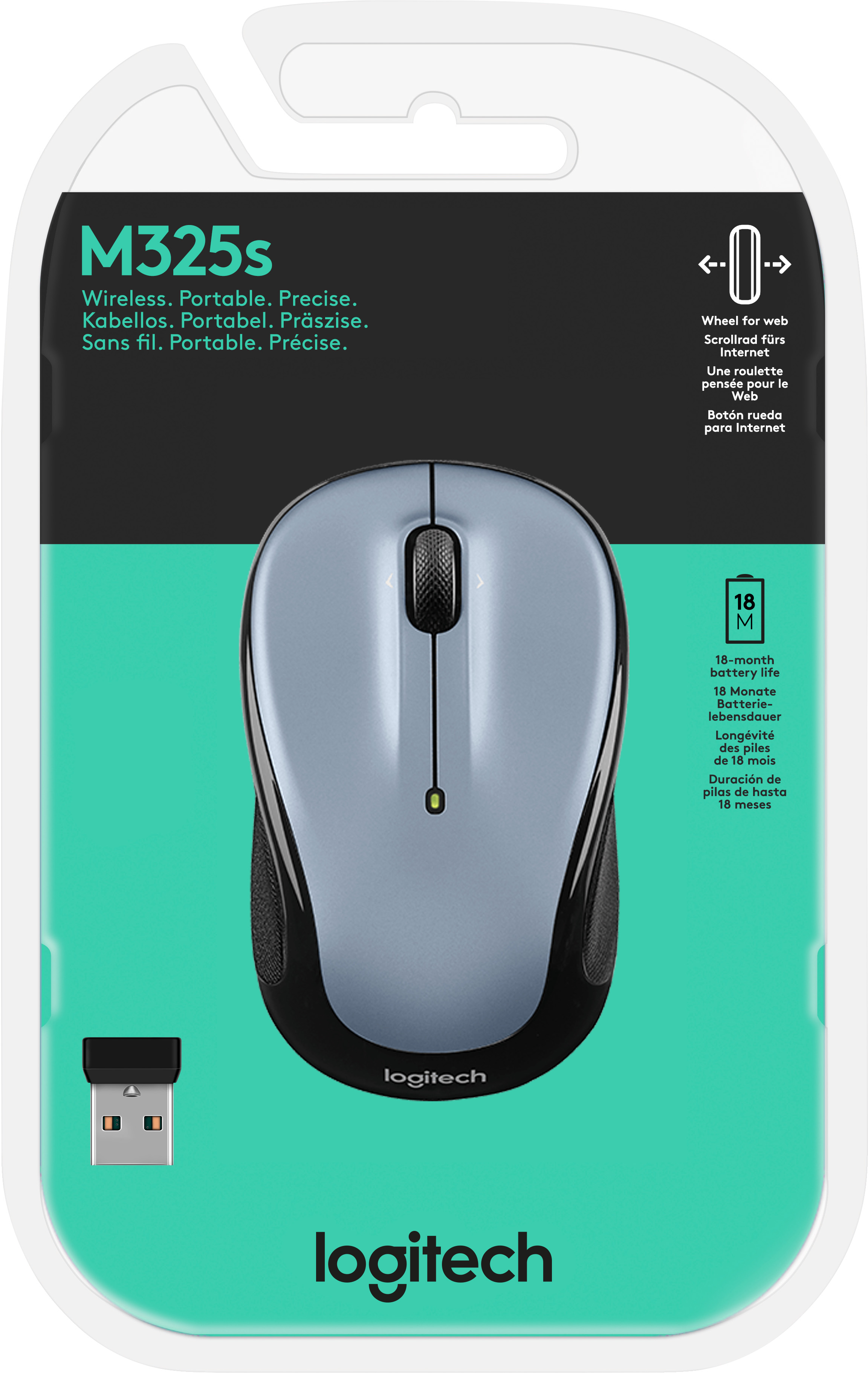 Logitech Maus M325s, Wireless, Light Silver Optisch, 1000 dpi, 3 Tasten, Retail