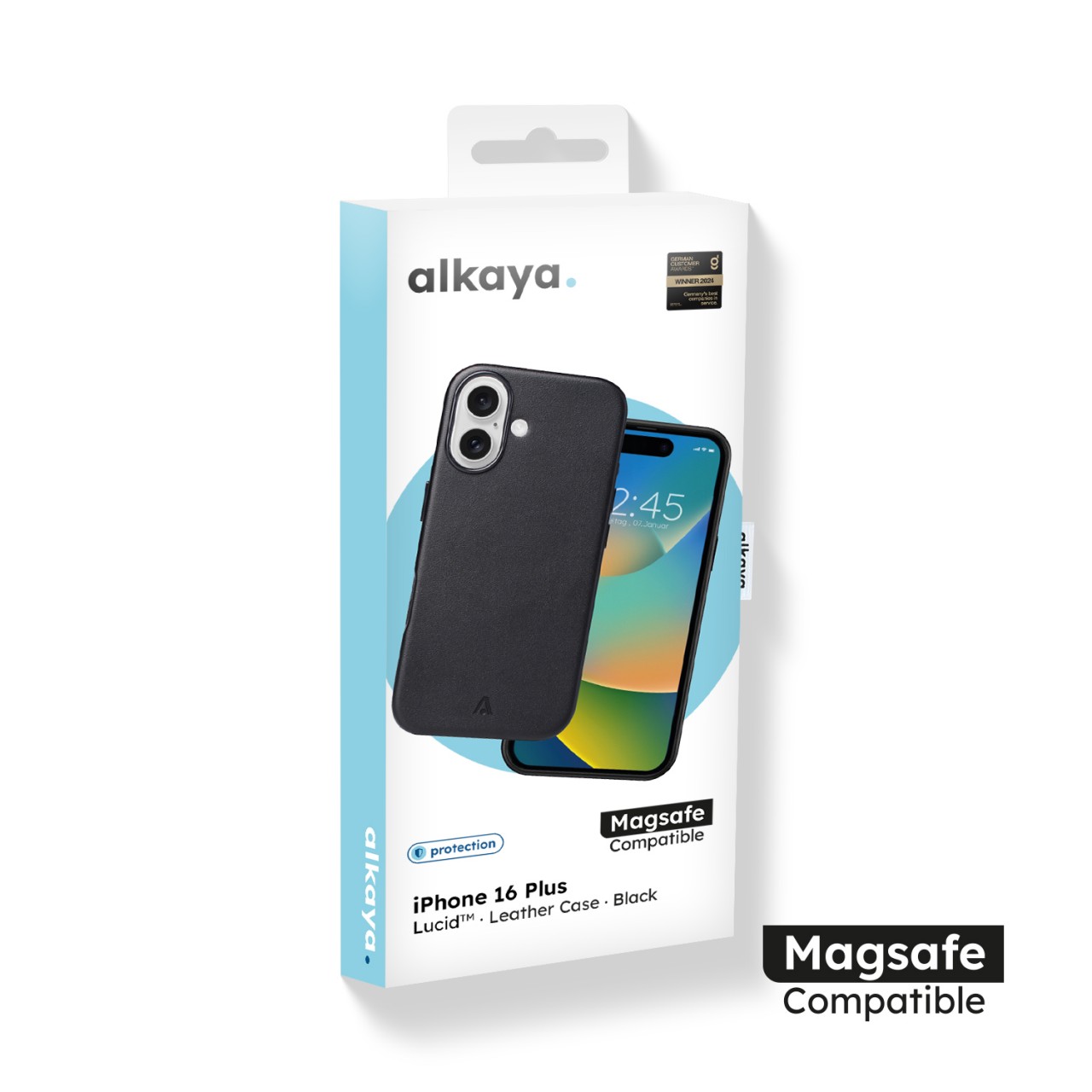 alkaya. LUCID MagSafe kompatible Lederschutzhülle für iPhone 16 Plus, Schwarz