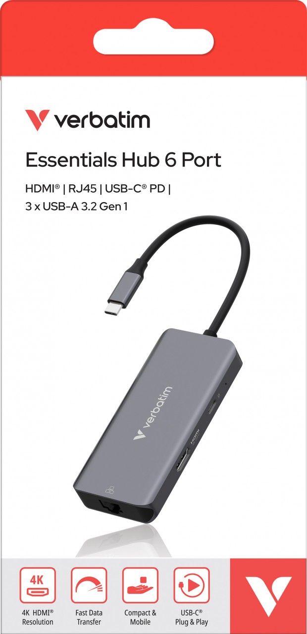 Verbatim Hub, USB-C Essentials, 6 Port mit RJ45 Anschluss HDMI, 3x USB-A, 1x USB-C PD, Retail-Blister