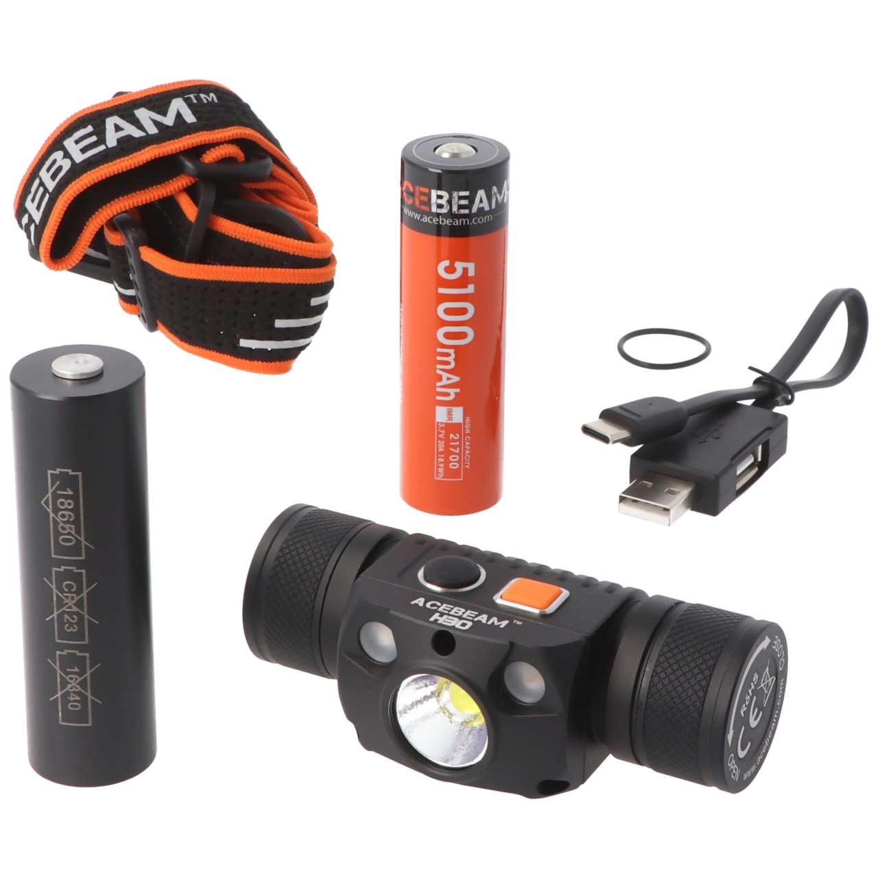 AceBeam H30 LED-Stirnleuchte max. 4000 Lumen, inklusive Akku, mit Rotlicht