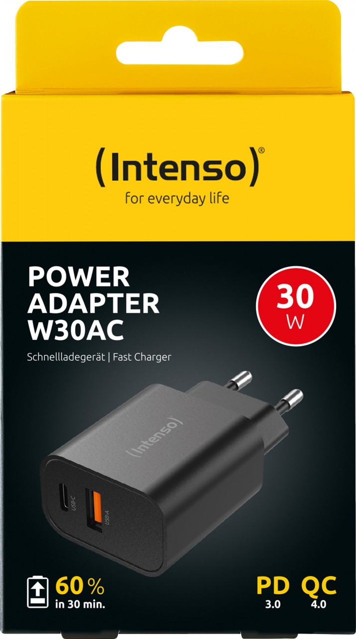Intenso Ladeadapter „W30AC“ – 30 W USB-C Power Delivery + USB-A Quick Charge, Schwarz (Retail-Blister)