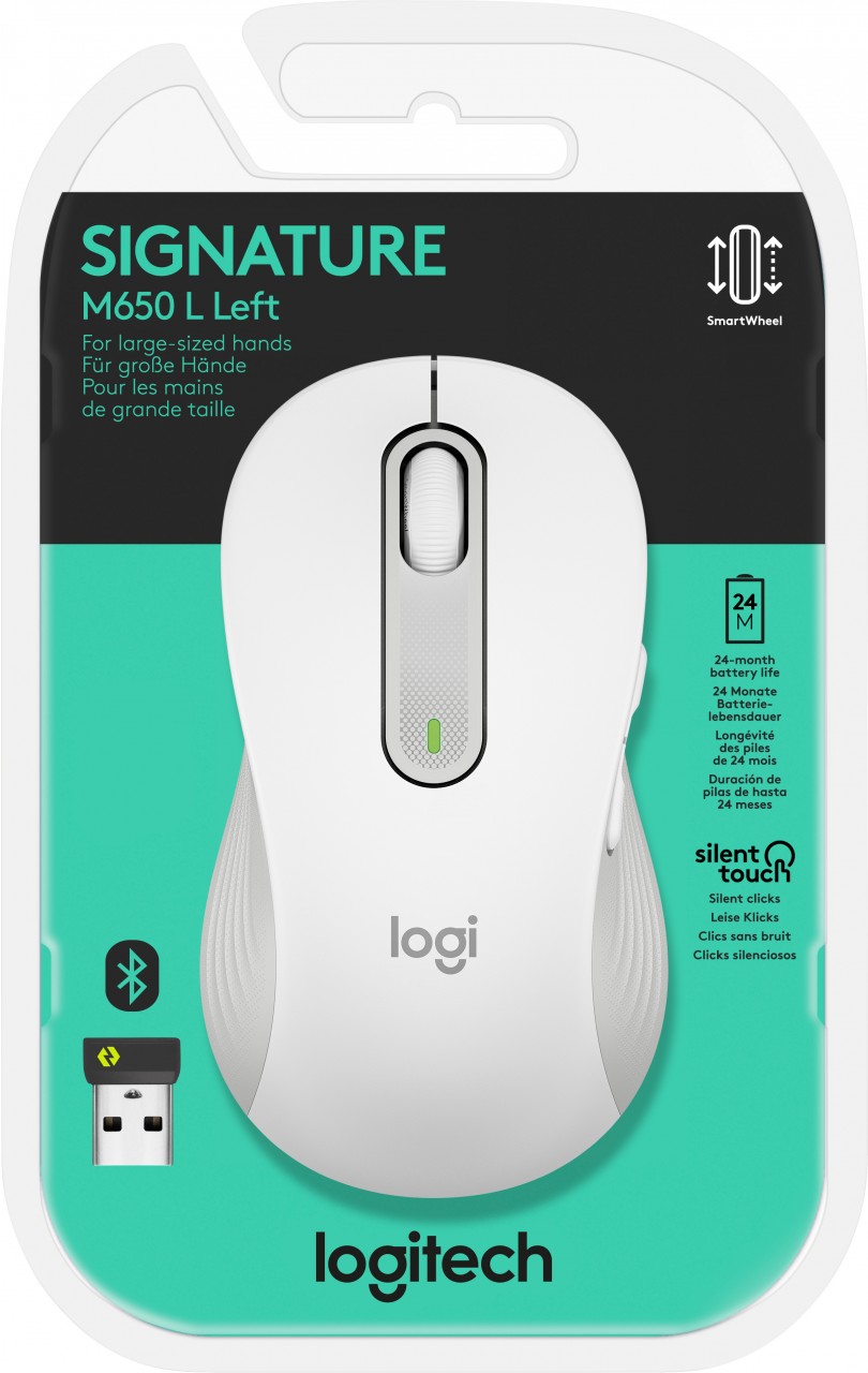 Logitech Maus M650 L, Signature, Wireless, Bolt, Bluetooth, weiss Optisch, 400-4000dpi, 5 Tasten, Left, Large, Retail