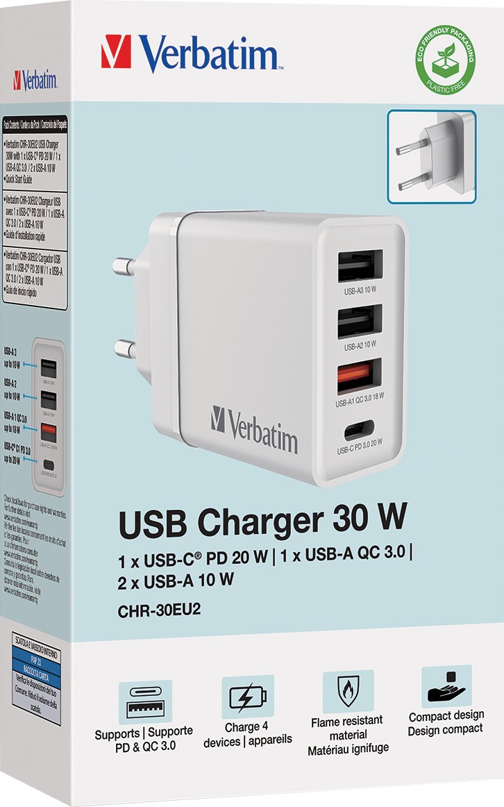 Verbatim Ladeadapter, CHR-30EU2, 30W, GaN, weiss 2x USB-A, 1x USB-A QC, 1x USB-C PD, Retail