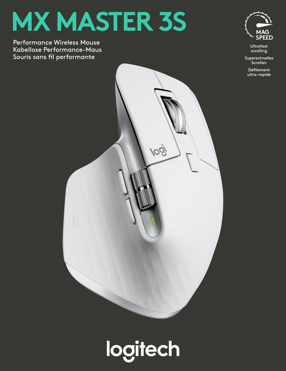 Logitech Maus MX Master 3S, Wireless, Bolt, Bluetooth, hellgrau Laser, Darkfield, 200-8000 dpi, 7 Tasten, Akku, Retail