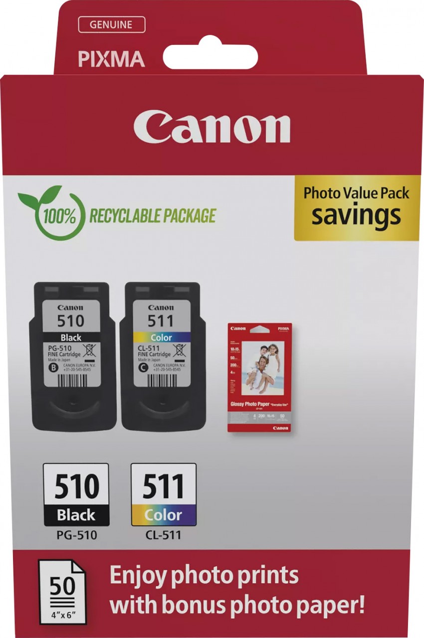 Canon Tinten Kombipack PG-510/CL-511 schwarz/color inkl. 50 Blatt Fotopapier 10x15cm