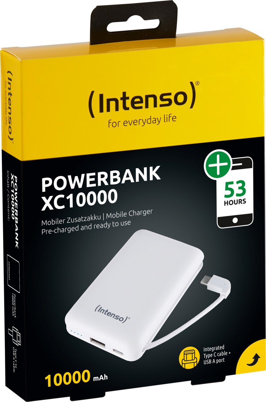 Intenso Akku-Powerbank „XC10000“ – 10.000 mAh, Weiß, USB-A / integriertes USB-C-Kabel