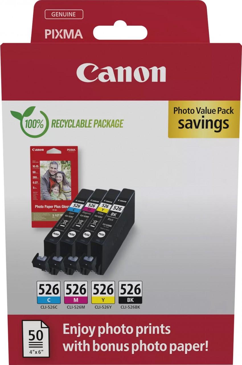 Canon Tinten Multipack CLI-526 BK/C/M/Y inkl. 50 Blatt Fotopapier 10x15cm