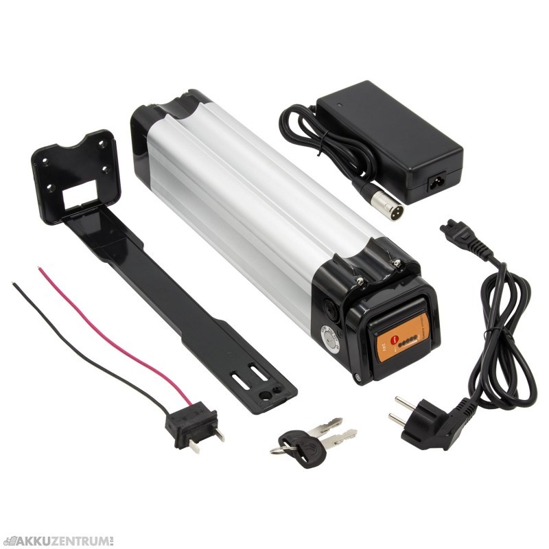 E-Bike Akku Maratron 'Silver Fish' XH259 – 25,9V / 12Ah – silber – mit Halter und Ladegerät - Sattelrohr