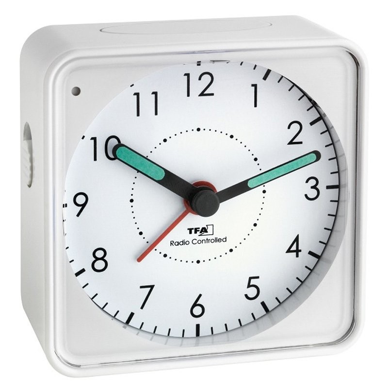 Funk-Wecker Analog mit leisem Uhrwerk, Snooze, weiß inklusive Batterie