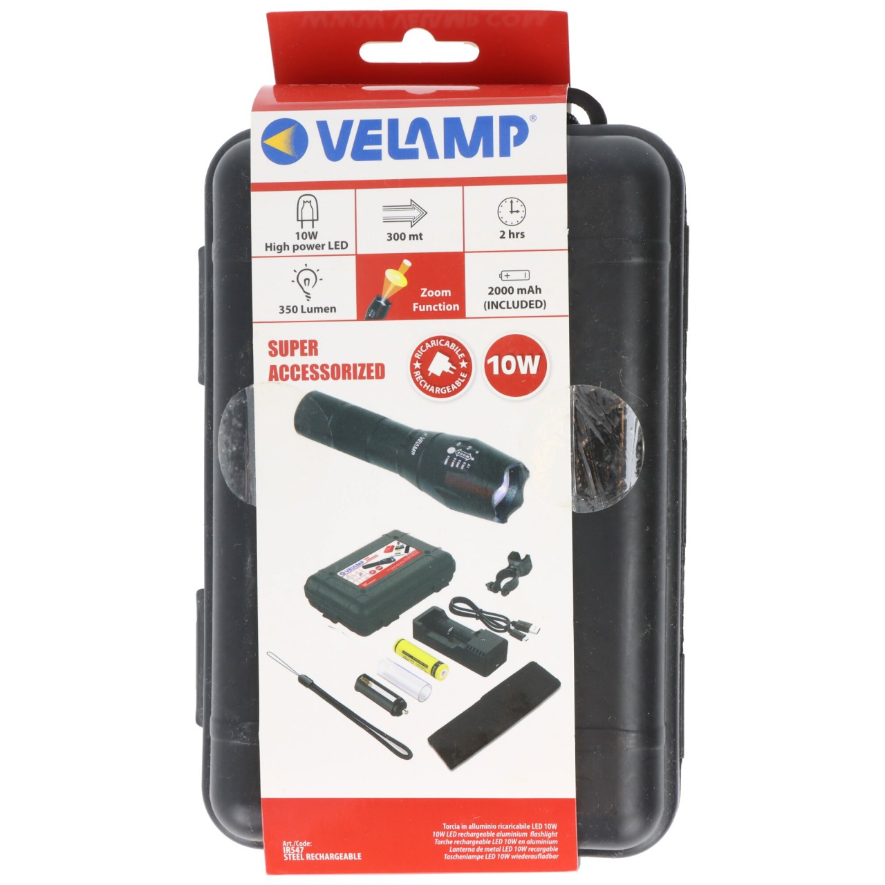 Velamp Steel 10W wiederaufladbare LED-Taschenlampe mit viel Zubehör in Hartschale 150lm Li-Ion