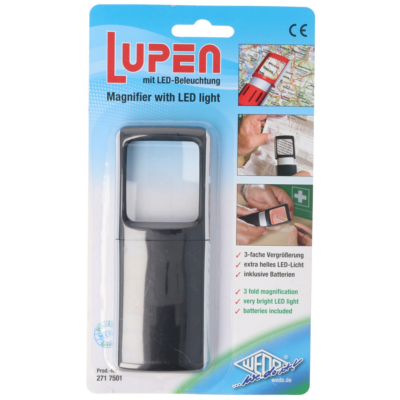 Lupe mit LED-Beleuchtung und 3fach Vergrösserung Farbe Schwarz inklusive Batterien