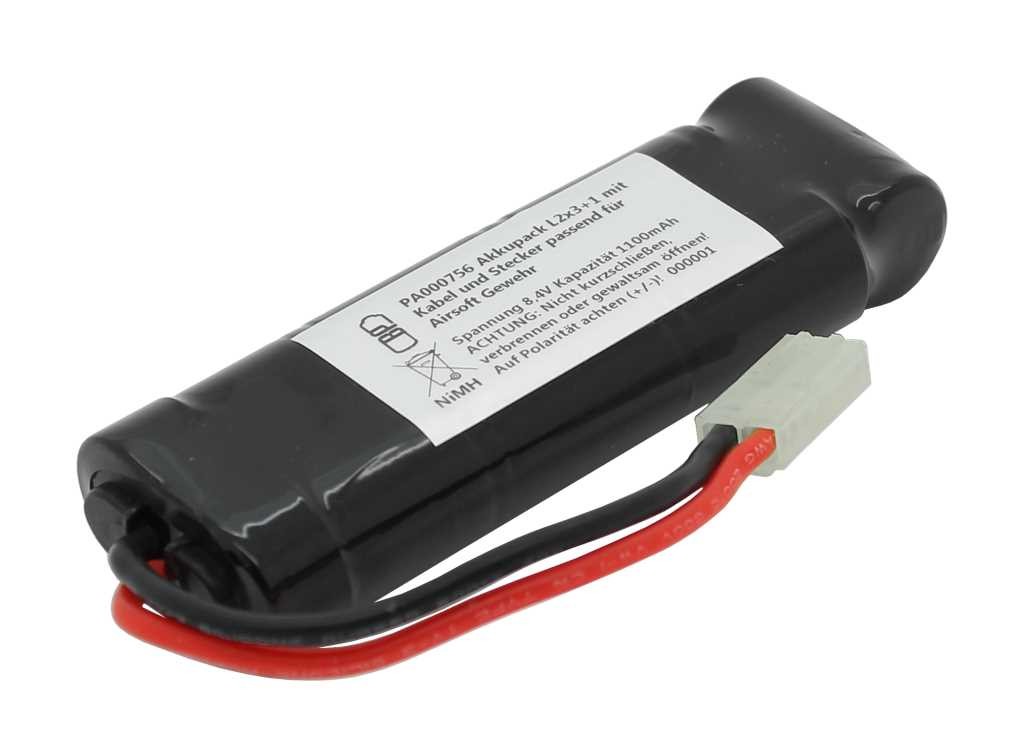 Zellentausch Akkupack NiMH 8,4V 1100mAh L2x3+1 für Airsoft Gewehr Cybergun Thompson M1A1 Military mit 100mm Kabel und Stecker