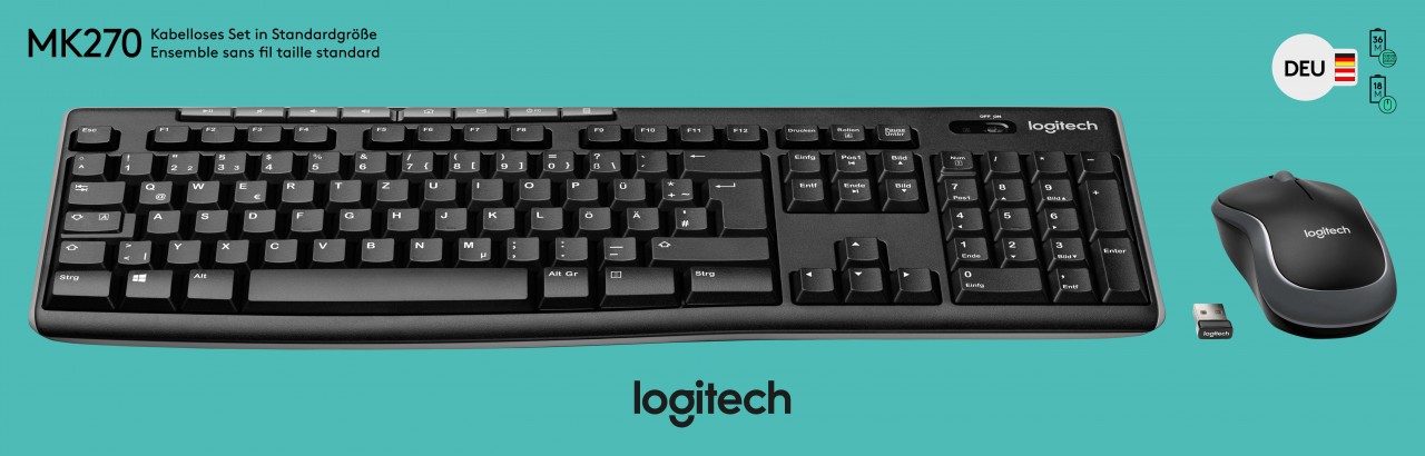 Logitech Tastatur/Maus Set MK270, Wireless, schwarz DE, Optisch, 1000 dpi, Retail