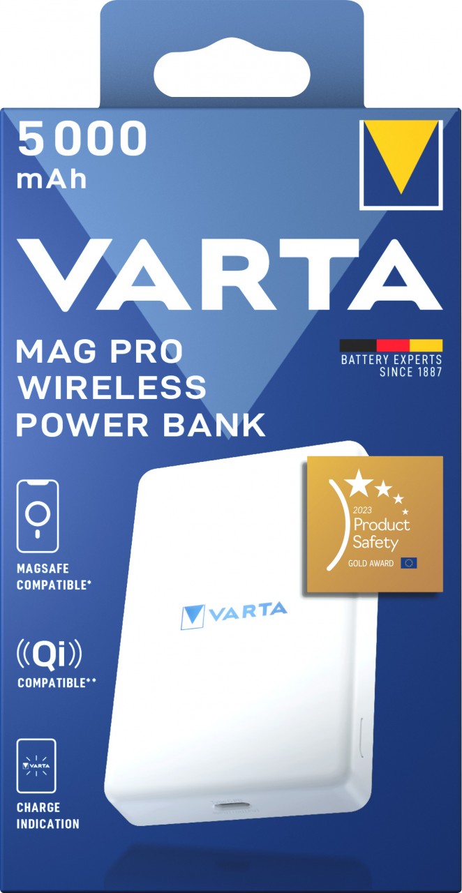 Varta Akku Powerbank Mag Pro, 5.000mAh, Wireless, weiss 1xUSB-C/1xUSB-C, Retail-Blister