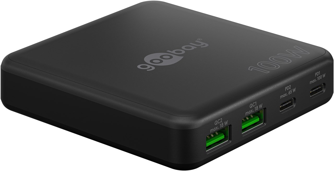 Goobay USB-C™ PD GaN Multiport-Tischladegerät (100 W) schwarz - 2x USB-C™-Anschlüsse (Power Delivery) und 2x USB-A-Anschlüsse (Quick Charge 3.0) - schwarz