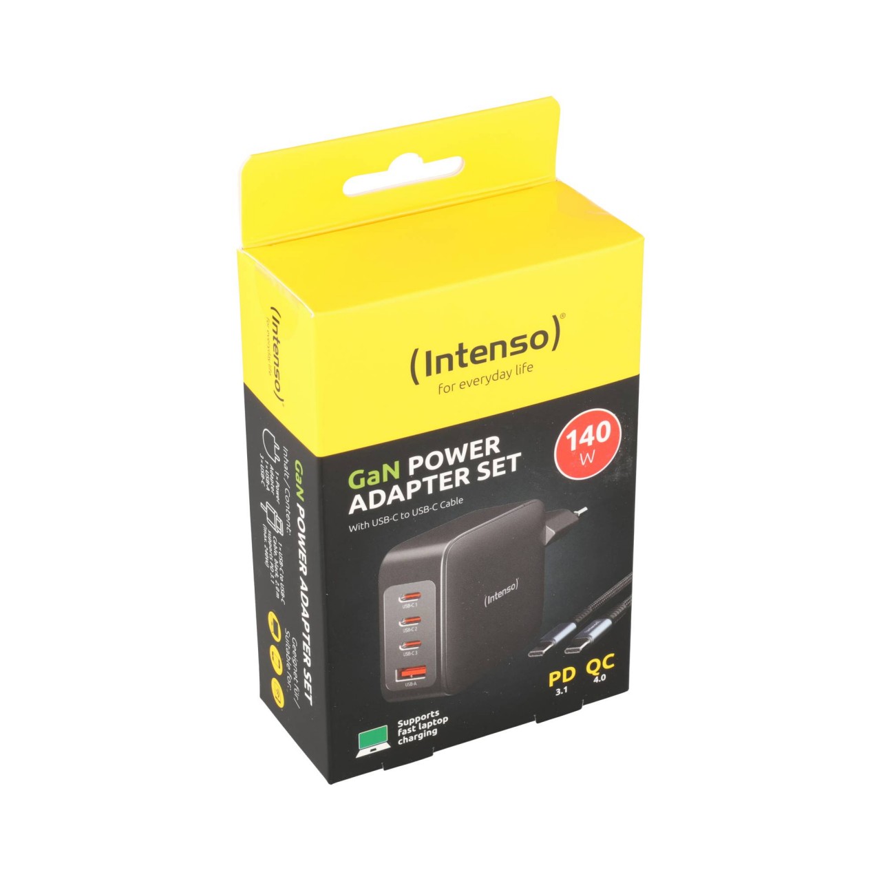 Intenso Ladeadapter-Set „W140A3C GaN + C520C USB-C Kabel (2 m)“ – 140 W, Schwarz (Retail-Blister)