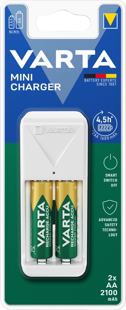 Varta Akku NiMH, Universal Ladegerät, Mini Charger inkl. Akkus, 2x Mignon, AA, 2100mAh, Retail
