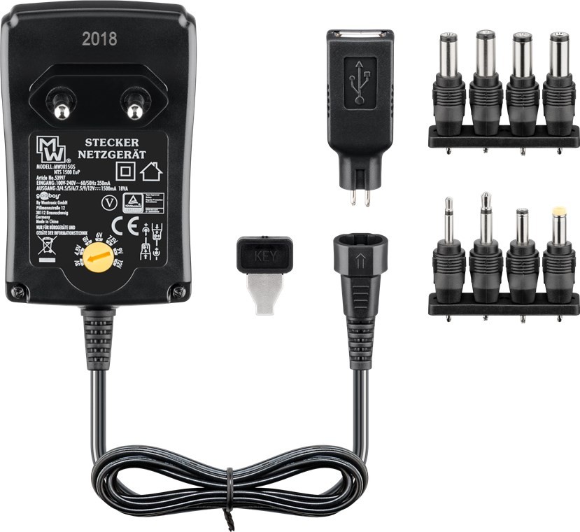 3 V - 12 V Universal-Netzteil inkl. 1 USB- und 8 DC-Adapter - max. 18 W und 1,5 A
