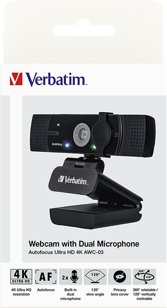 Verbatim Webcam AWC-03, 4K Ultra HD, schwarz 3840x2160, 30 FPS, USB, Privacy Shutter, Retail