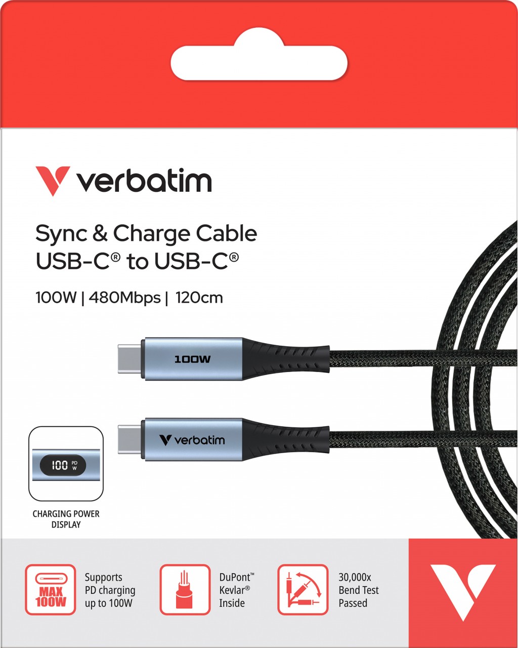 Verbatim Ladekabel, USB-C/USB-C, 1.2m, schwarz Sync&Charge, 100W, 480MBit/s, LED Anzeige, Retail