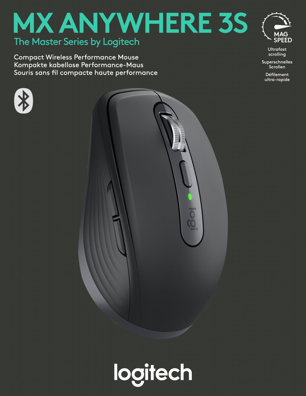 Logitech Maus MX Anywhere 3S, Wireless, Bluetooth, grafit Laser, 200-8000 dpi, 6 Tasten, Bolt, Akku, Retail