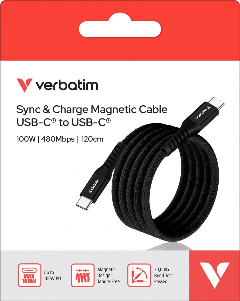 Verbatim Ladekabel, USB-C/USB-C, 1.2m, schwarz Sync&Charge, 100W, 480MBit/s, Magnetic, Retail